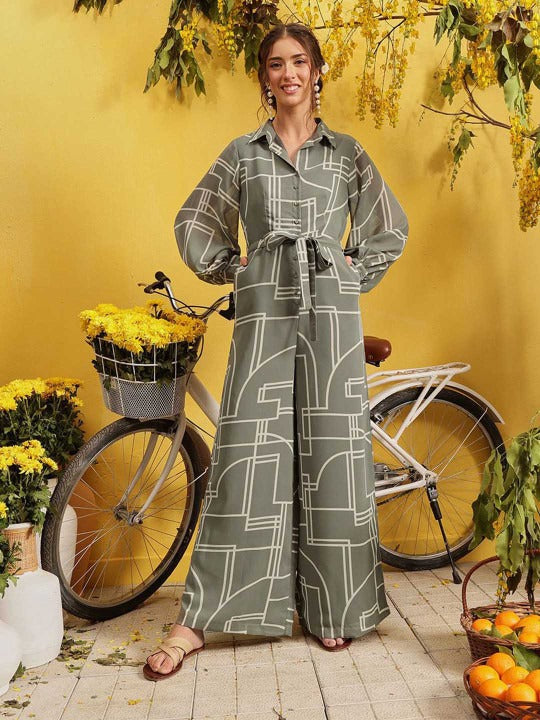 Grey and beige printed basic jumpsuit long sleeves 2 pocket