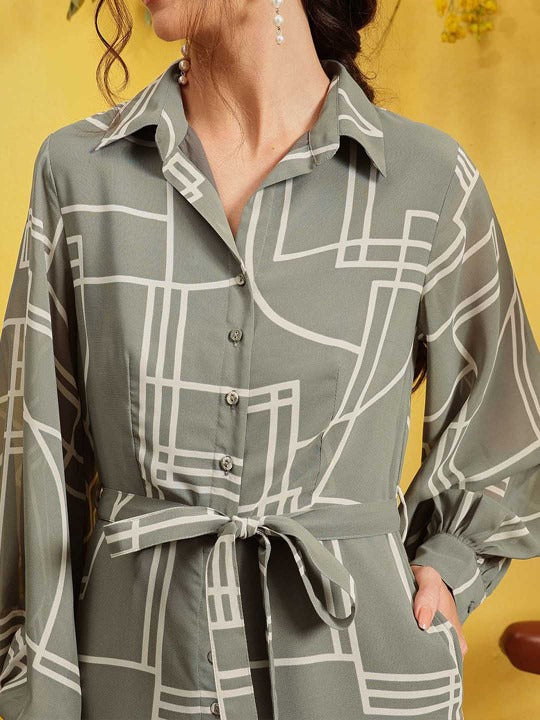 Grey and beige printed basic jumpsuit long sleeves 2 pocket