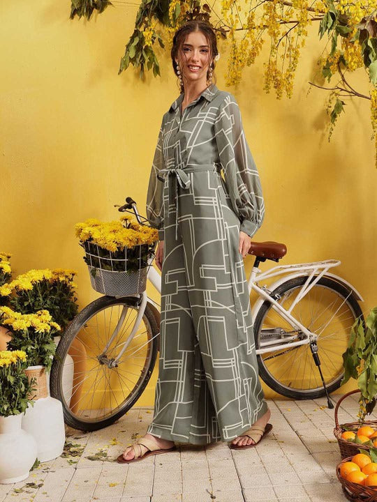 Grey and beige printed basic jumpsuit long sleeves 2 pocket
