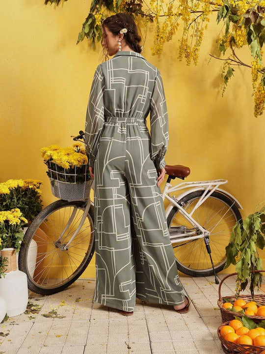 Grey and beige printed basic jumpsuit long sleeves 2 pocket