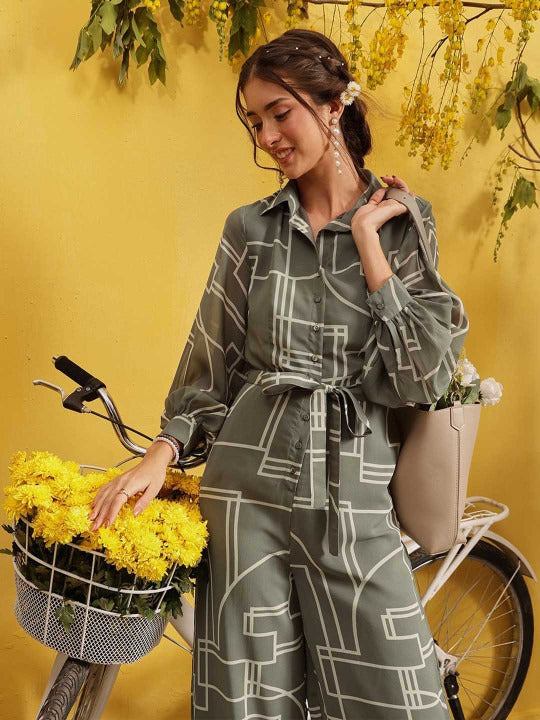 Grey and beige printed basic jumpsuit long sleeves 2 pocket