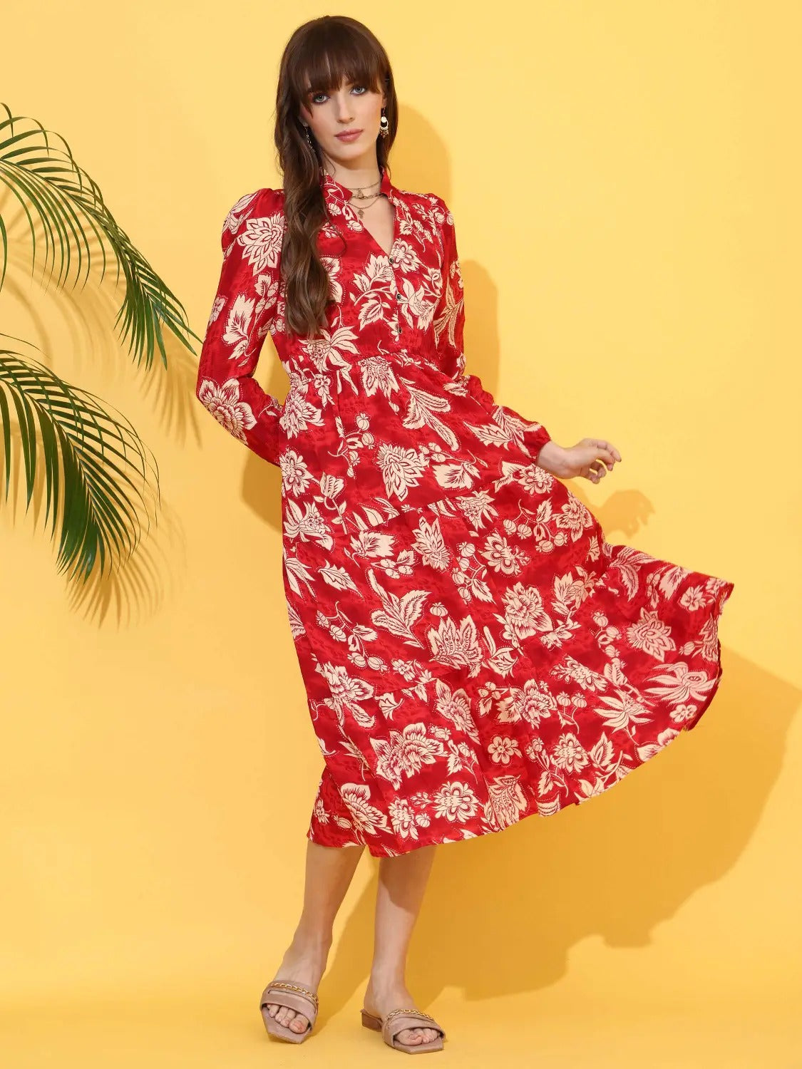 Women Fit and Flare Red, White Below Knee Dress