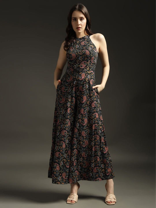 Women Halter Neck Printed Culotte Jumpsuit with Ruffles