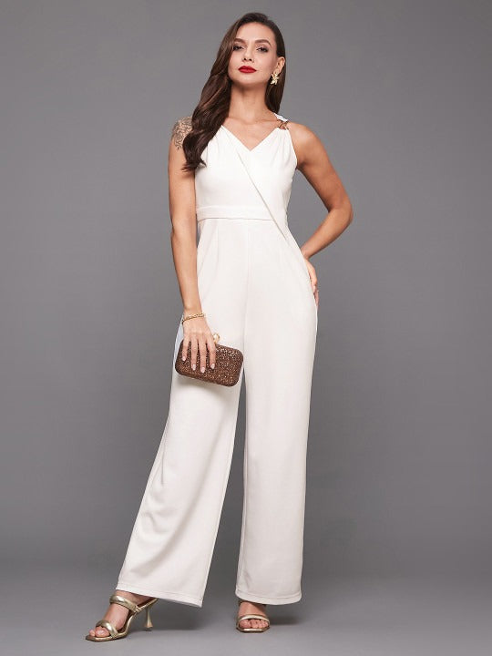 Women's V-Neck Sleeveless Solid Wrap Regular-Length Polyester Jumpsuit