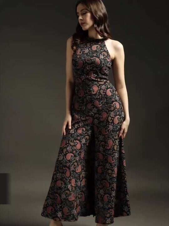 Women Halter Neck Printed Culotte Jumpsuit with Ruffles