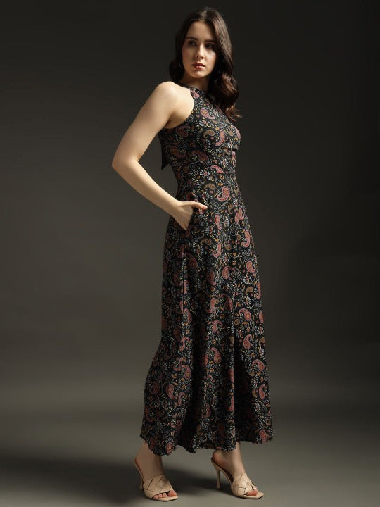 Women Halter Neck Printed Culotte Jumpsuit with Ruffles