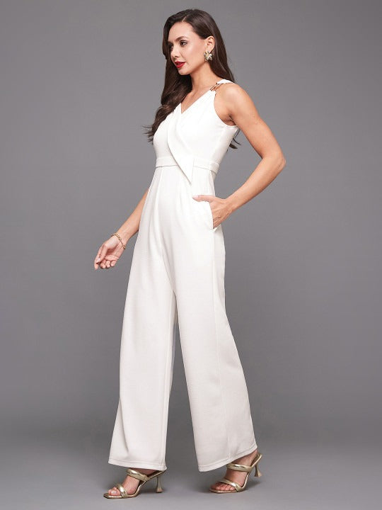 Women's V-Neck Sleeveless Solid Wrap Regular-Length Polyester Jumpsuit