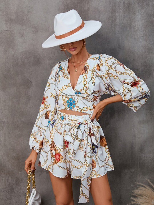 White Conversational Printed Cut-Outs V-Neck Playsuit