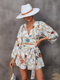 White Conversational Printed Cut-Outs V-Neck Playsuit