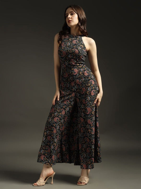 Women Halter Neck Printed Culotte Jumpsuit with Ruffles