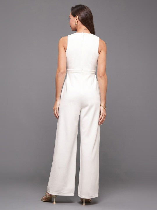 Women's V-Neck Sleeveless Solid Wrap Regular-Length Polyester Jumpsuit