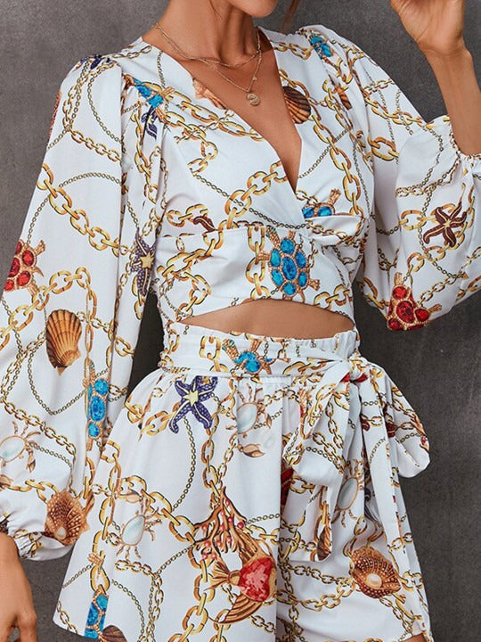 White Conversational Printed Cut-Outs V-Neck Playsuit