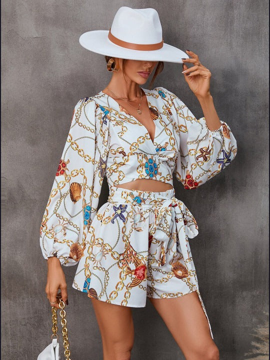 White Conversational Printed Cut-Outs V-Neck Playsuit