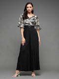 Black White Printed V-Neck Bell Sleeves Basic Jumpsuit