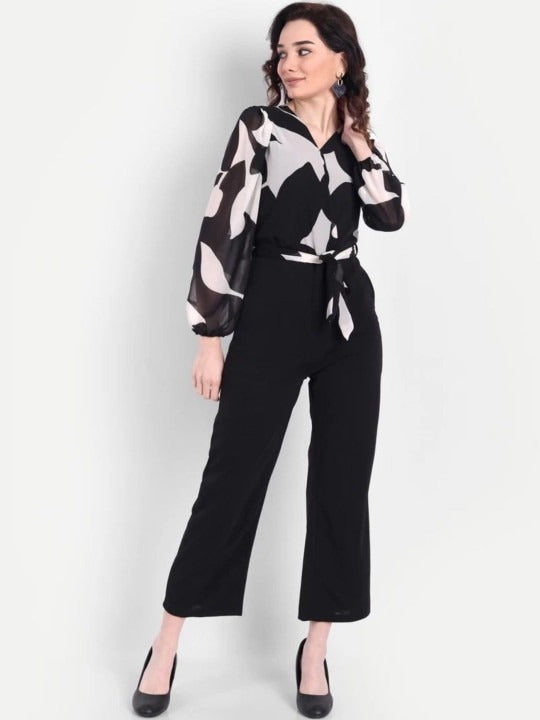 Off white and Black Printed V-Neck Basic Jumpsuit