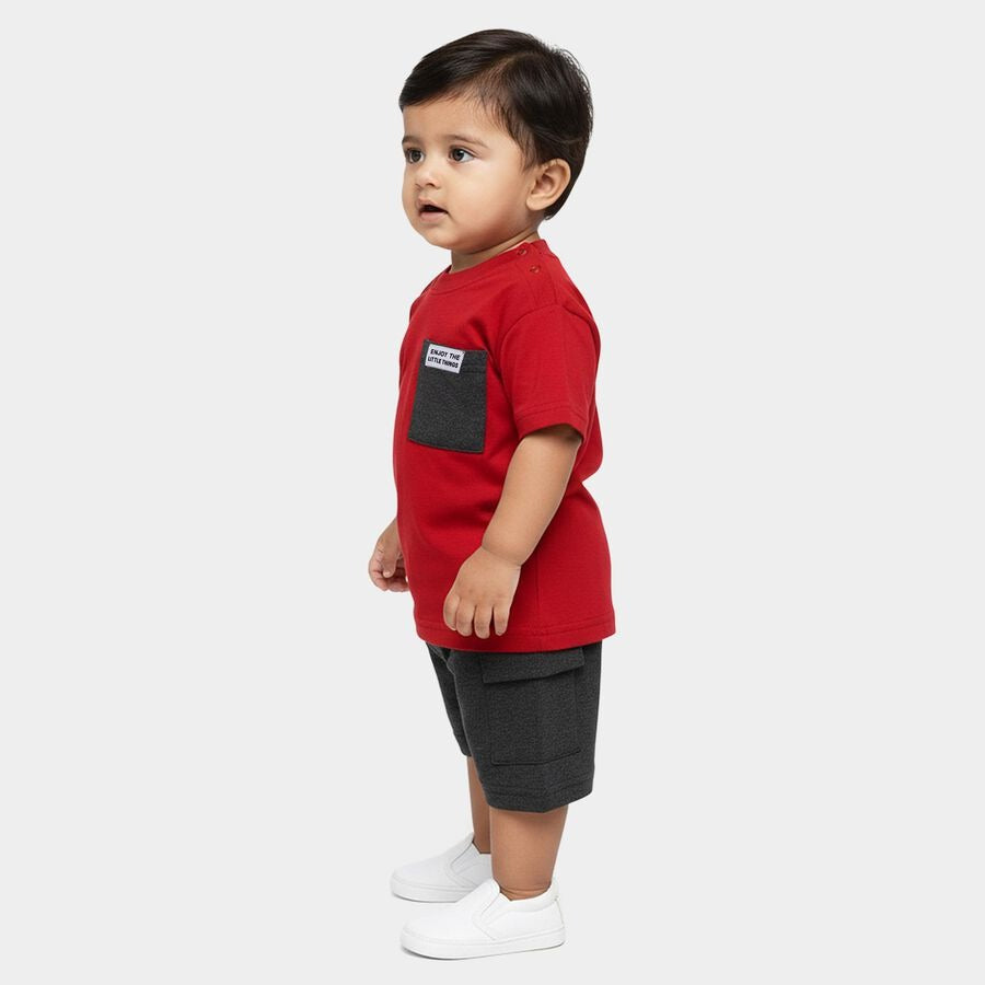 Infants' Red Round Neck Pocket Detailed Baby Suit
