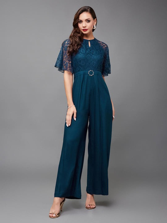 Teal blue self design basic jumpsuit