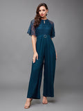 Teal blue self design basic jumpsuit