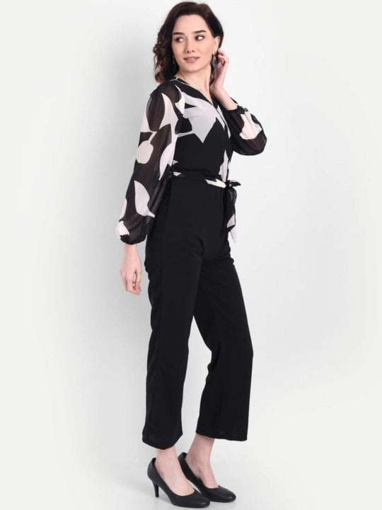 Off white and Black Printed V-Neck Basic Jumpsuit