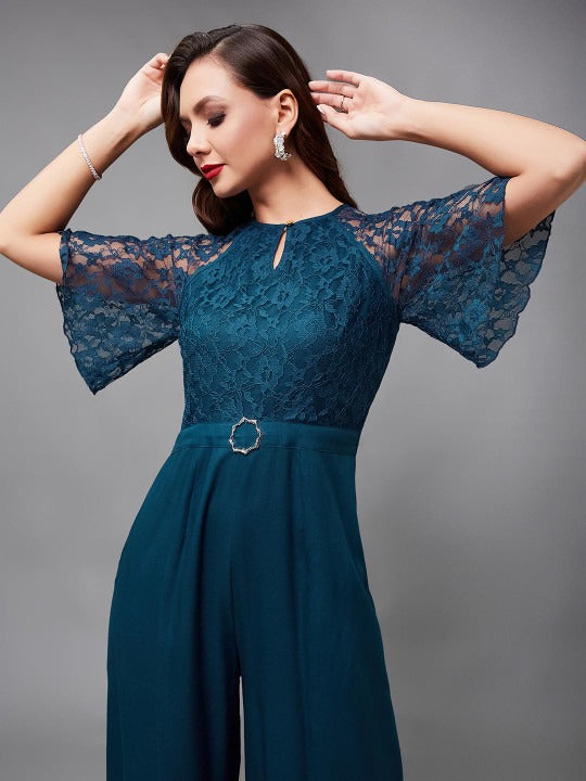 Teal blue self design basic jumpsuit