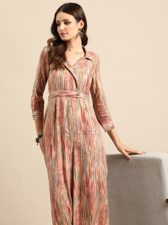 Peach-coloured Shawl Neck Striped Basic Jumpsuit