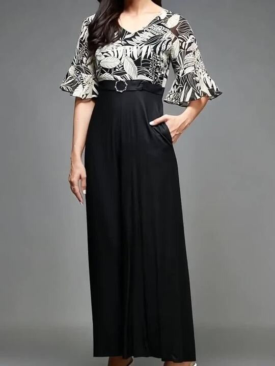Black White Printed V-Neck Bell Sleeves Basic Jumpsuit