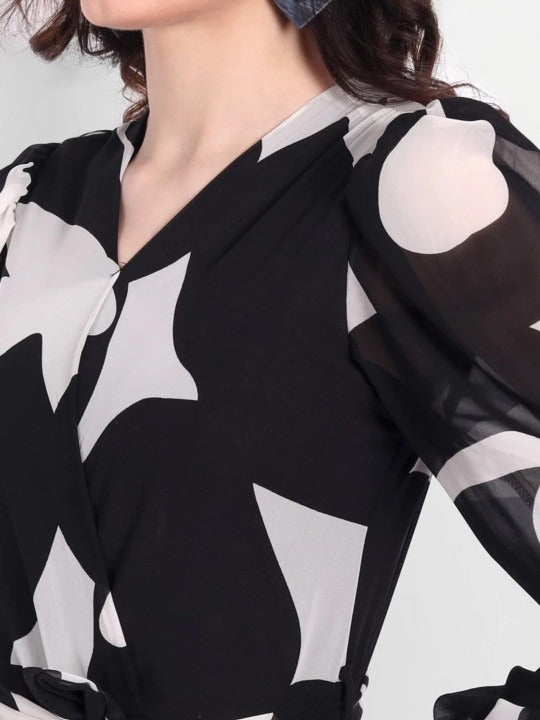 Off white and Black Printed V-Neck Basic Jumpsuit