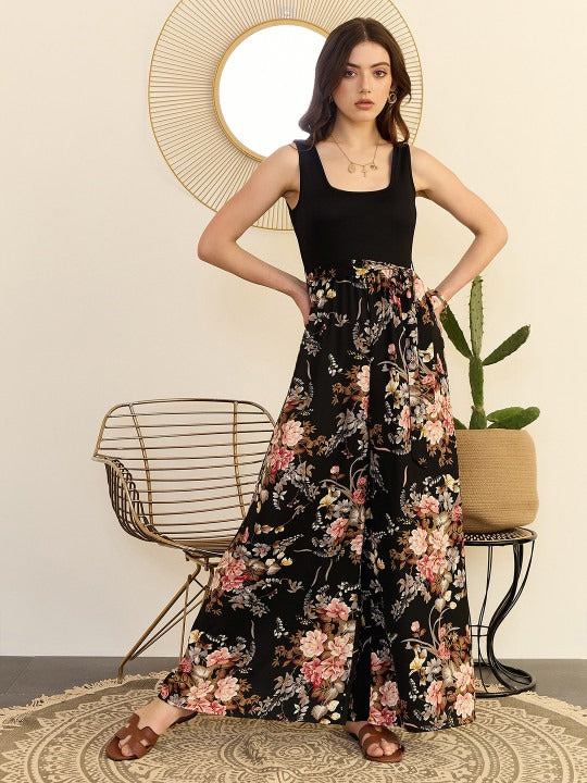 Black and pink printed basic jumpsuit