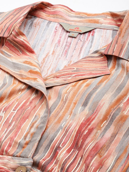 Peach-coloured Shawl Neck Striped Basic Jumpsuit