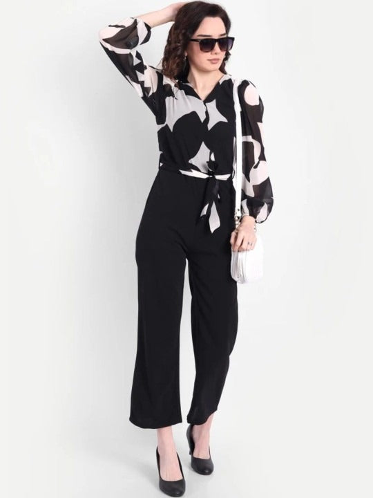 Off white and Black Printed V-Neck Basic Jumpsuit