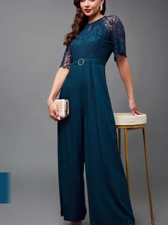 Teal blue self design basic jumpsuit