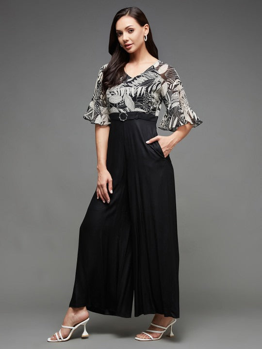Black White Printed V-Neck Bell Sleeves Basic Jumpsuit