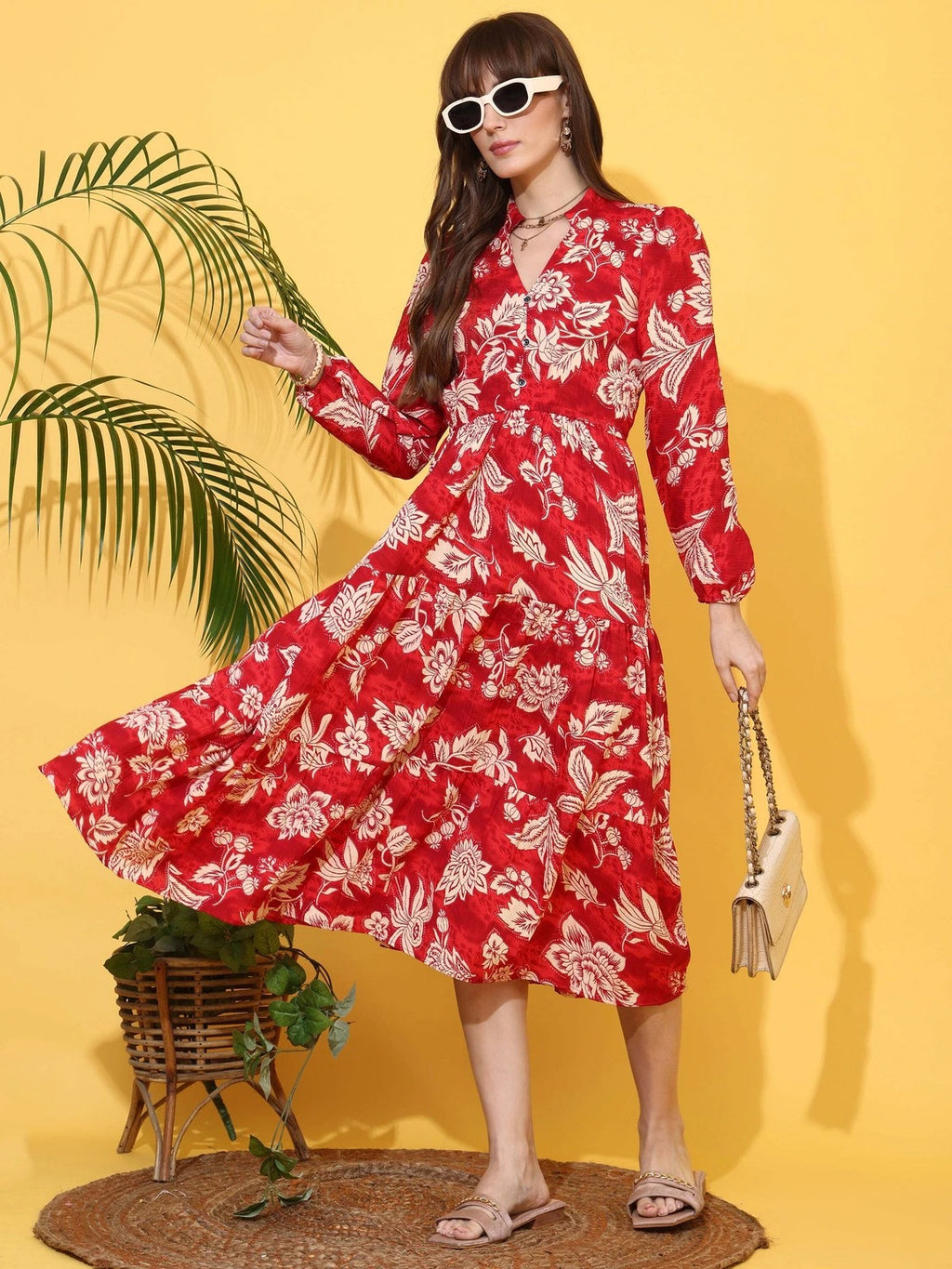 Women Fit and Flare Red, White Below Knee Dress