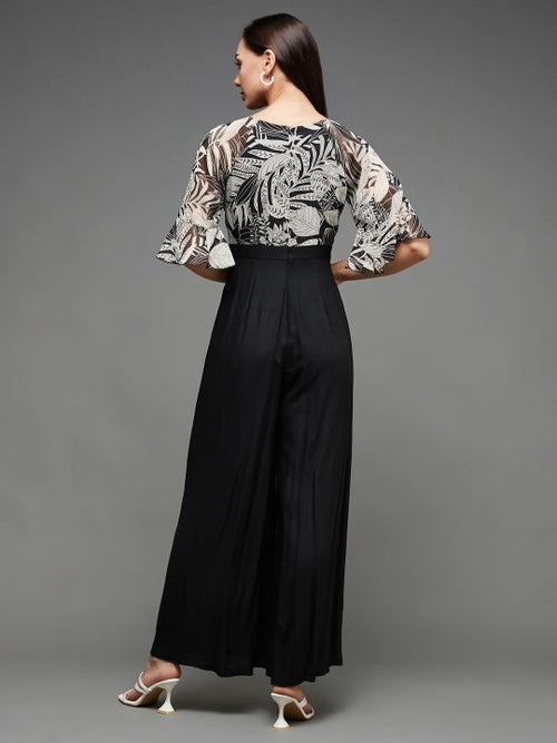 Black White Printed V-Neck Bell Sleeves Basic Jumpsuit