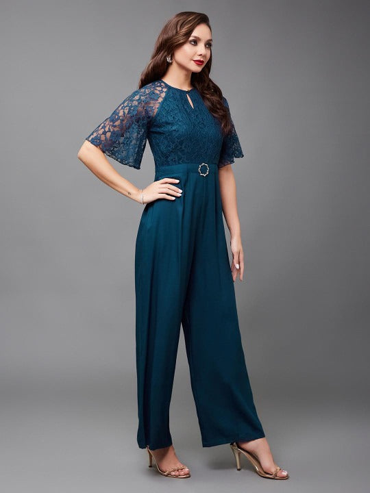 Teal blue self design basic jumpsuit