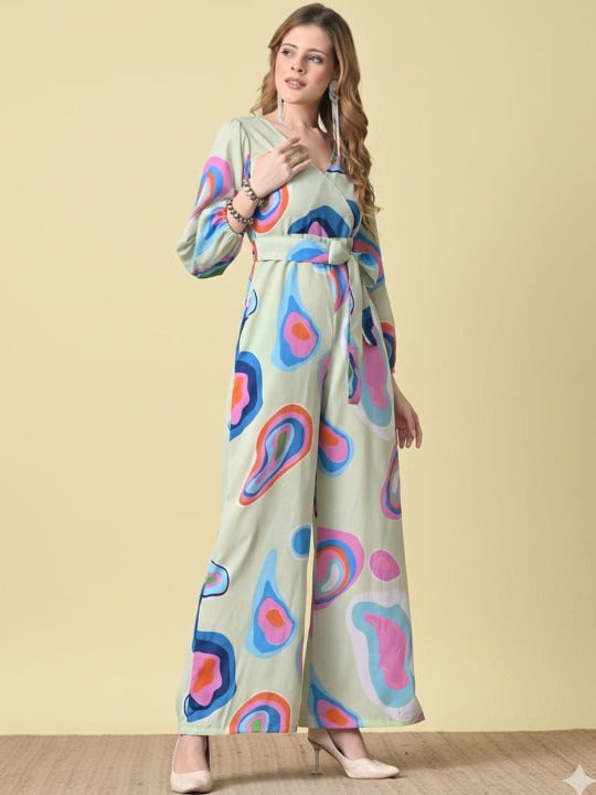 Green, Pink and Blue Printed V Neck Long Sleeves Waist Tie-Ups Basic Jumpsuit