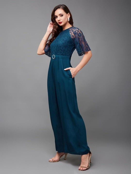 Teal blue self design basic jumpsuit