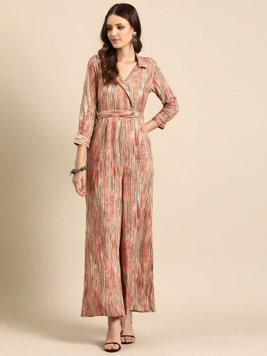 Peach-coloured Shawl Neck Striped Basic Jumpsuit