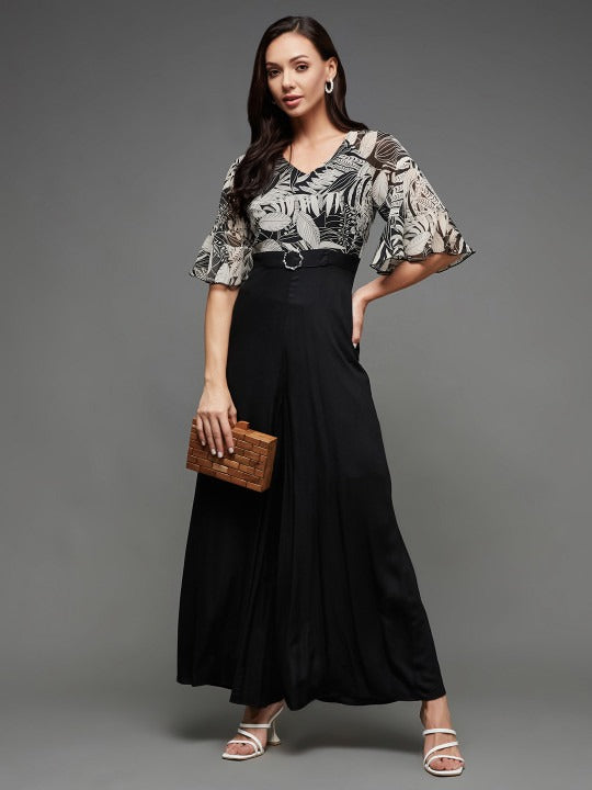 Black White Printed V-Neck Bell Sleeves Basic Jumpsuit