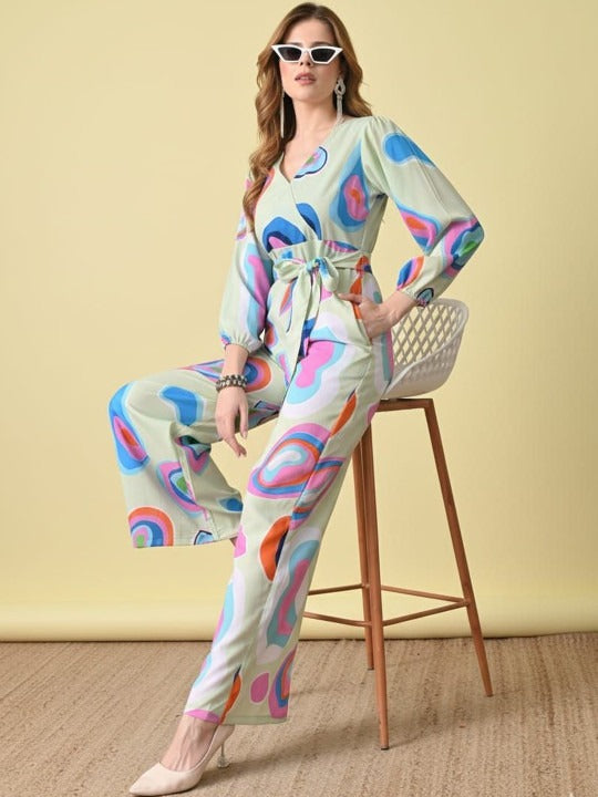 Green, Pink and Blue Printed V Neck Long Sleeves Waist Tie-Ups Basic Jumpsuit