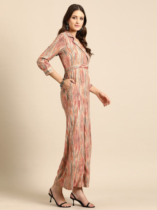 Peach-coloured Shawl Neck Striped Basic Jumpsuit
