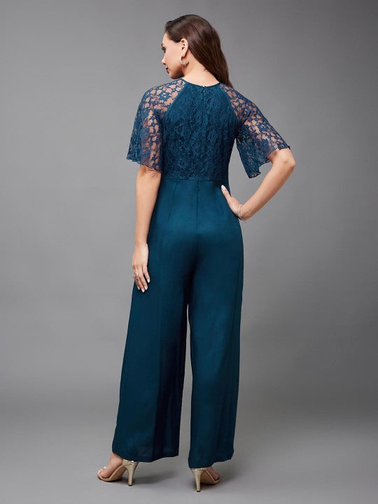 Teal blue self design basic jumpsuit