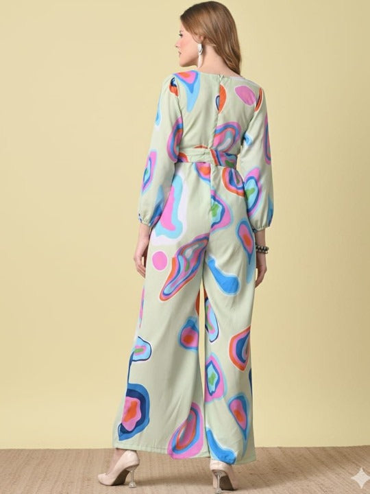 Green, Pink and Blue Printed V Neck Long Sleeves Waist Tie-Ups Basic Jumpsuit