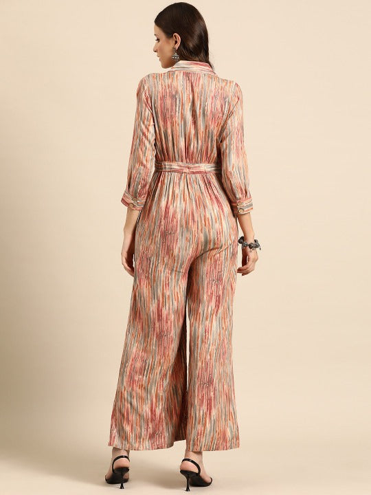 Peach-coloured Shawl Neck Striped Basic Jumpsuit