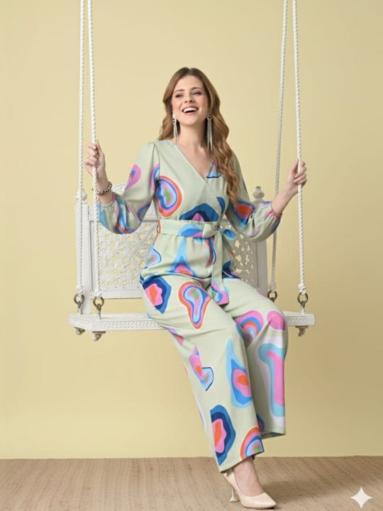 Green, Pink and Blue Printed V Neck Long Sleeves Waist Tie-Ups Basic Jumpsuit