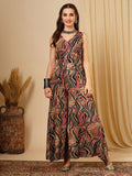 Abstract Print Wrap V-Neck Waist tie Up Flared Hem Fusion Jumpsuit