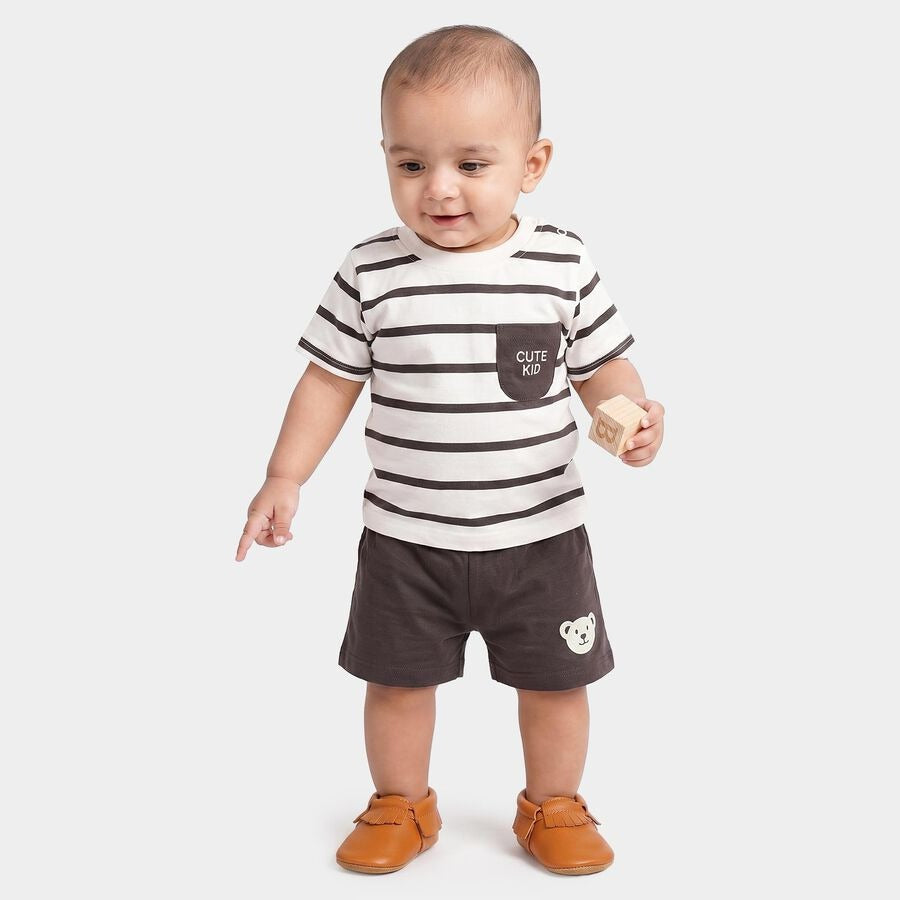 Infants' Charcoal 100% Cotton Round Neck Striped Baby Suit