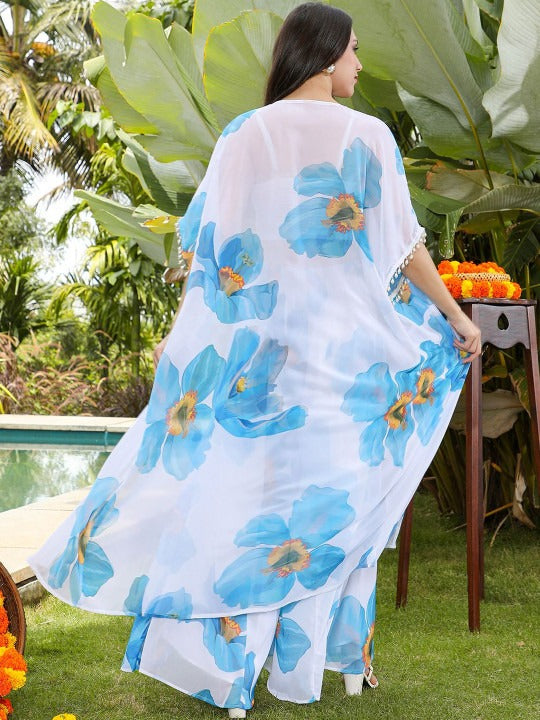 Women Floral Printed Top with Palazzos & Shrug