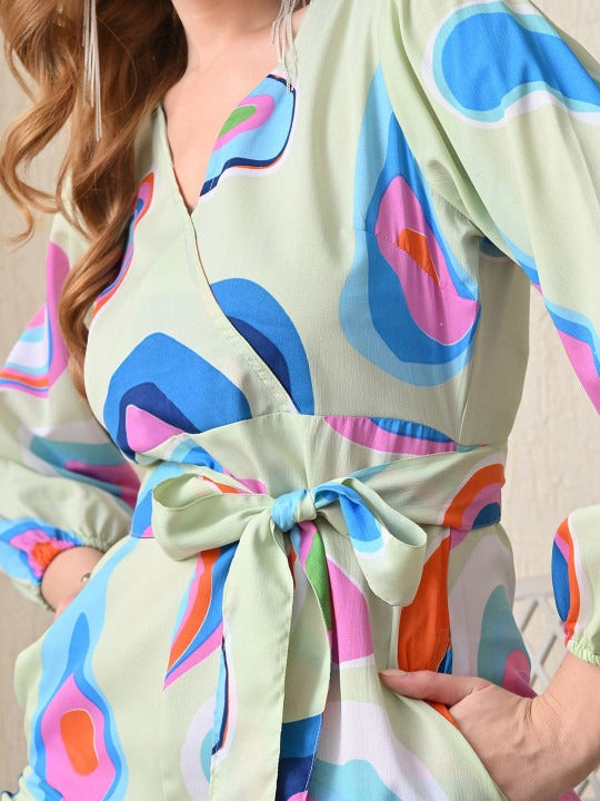 Green, Pink and Blue Printed V Neck Long Sleeves Waist Tie-Ups Basic Jumpsuit