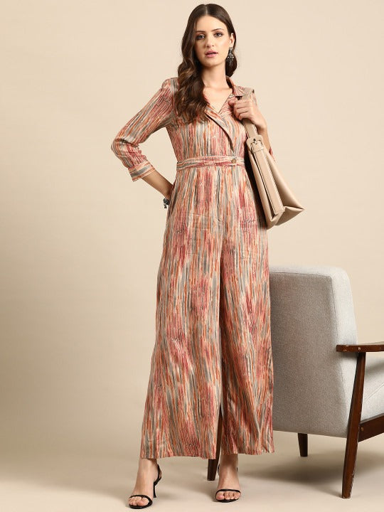 Peach-coloured Shawl Neck Striped Basic Jumpsuit